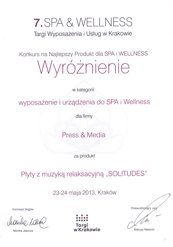 Wyróżnienie dla płyt Solitudes na 7.Targach Spa&Wellness w Krakowie